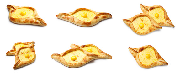 Khachapuri. Tasty pastry with cheese and egg isolated on white, set