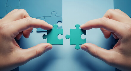 Two hands connect teal puzzle pieces against a blue background, symbolizing collaboration, solution, and connection