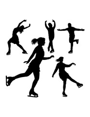 Girl playing ice skating sport training, dancing pose black silhouette