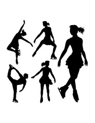 Girl playing ice skating sport training, dancing pose black silhouette