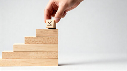 Hand Placing Checkmark Block on Wooden Steps