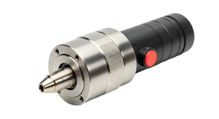 Precision Metal Drill Bit with Black and Silver Handle on White Background