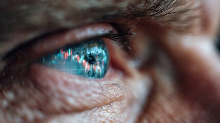 Close-up of human eye with digital elements reflecting, symbolizing technology and vision for the future.