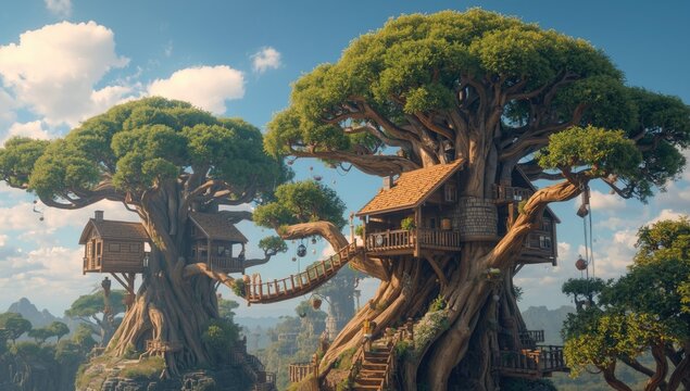 Enchanting treehouse dwellings nestled within massive, ancient trees, connected by bridges and rope swings under a bright blue sky with fluffy white clouds, showcasing architectural fantasy and a...
