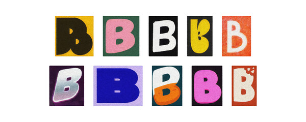 Magazine letter B cutouts, colorful typography tiles on transparent PNG
