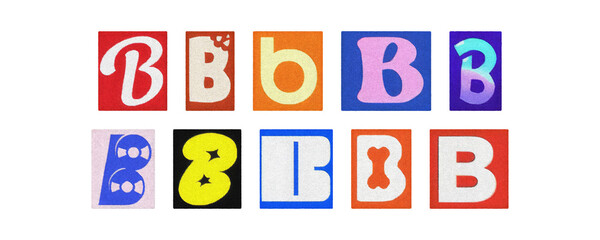 Colorful letter B collage from magazine clippings, isolated transparent PNG
