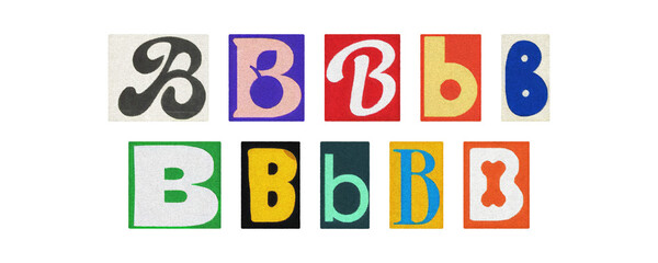 Colorful letter B collage from magazine clippings, isolated transparent PNG
