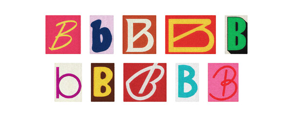 Colorful letter B collage from magazine clippings, isolated transparent PNG

