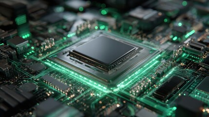 Close-up view of a modern microprocessor surrounded by intricate circuits and glowing green lights.
