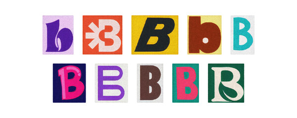 Typography letter B set in diverse fonts, magazine cutouts on PNG
