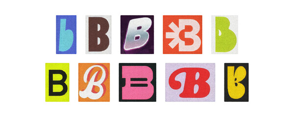 Typography letter B set in diverse fonts, magazine cutouts on PNG
