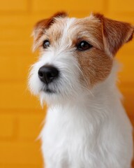 Close Up Portrait of a Cute Dog with Brown and White Fur against Yellow Textured Background