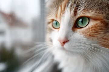 Close Up Portrait Of A Domestic Cat Indoors With Green Eyes and White Brown Fur