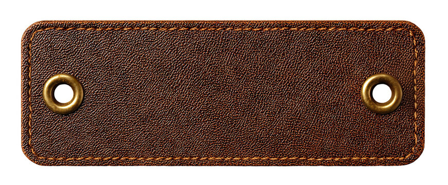 Vintage leather nameplate with rivets and stitches, isolated on transparent cutout background