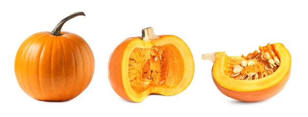 Fresh pumpkin isolated on white, set. Whole and sliced