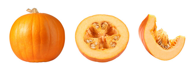 Fresh pumpkin isolated on white, set. Whole, half and piece