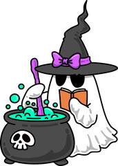 Groovy Halloween Ghost Witch Brewing Potion Illustration