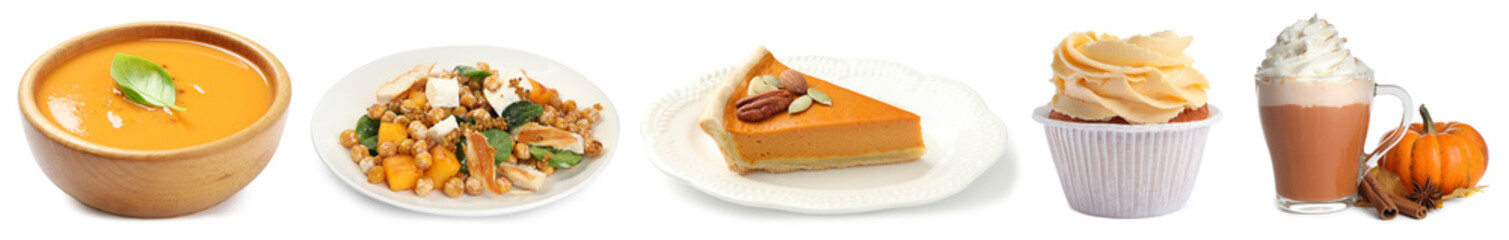 Pumpkin dishes, desserts and drink on white background, set