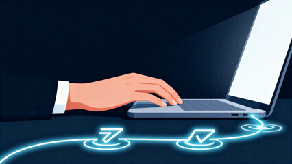 Hand Typing On Laptop With Glowing Symbols