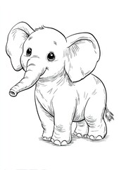 Naklejka premium Smiling baby elephant cartoon illustration in black and white outline