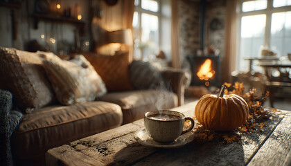 A warm, inviting sofa with a cup of coffee and a pumpkin, perfect for a cozy autumn day by the fireplace