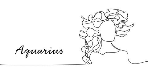 Minimalist one-line Aquarius zodiac sign illustration, elegant linear portrait with flowing hair in continuous black contour art