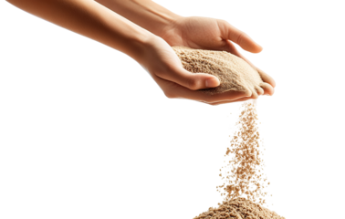 Hands pouring sand, isolated on transparent cutout background