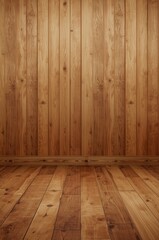 Naklejka premium Detailed perspective showcases a warm, empty interior space composed of wooden planks for the walls and flooring, creating a natural and inviting atmosphere with a sense of depth.