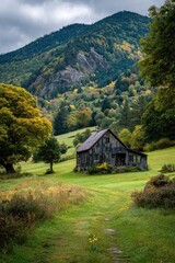 Autumnal mountain cabin in a meadow