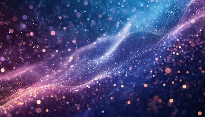 Fototapeta premium a vibrant and ethereal abstract background featuring swirling ribbons of glittering particles in shades of blue, purple, and gold against a dark navy backdrop.