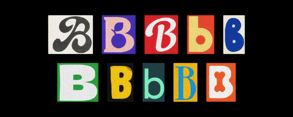 Magazine letter B cutout tiles collage set on a black background
