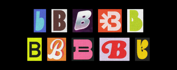 Vintage and modern letter B typography tiles arranged on black background
