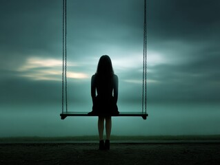 Woman sitting on swing experiencing loneliness and solitude