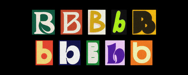 Bold letter B collection in varied styles, magazine collage on black
