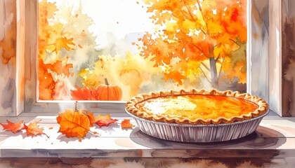 Pumpkin pie cooling on a windowsill Thanksgiving morning warm sunlight watercolor style. Fresh baked dessert autumn holiday scene bright morning glow artistic image.