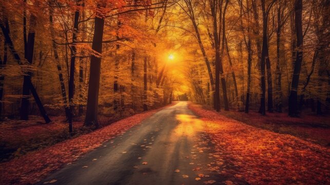 autumn forest landscape, winding dirt road, warm golden sunlight, vibrant orange and red leaves, atmospheric hazy lighting, tranquil peaceful scene, highly detailed, cinematic lighting, 8k, photoreali