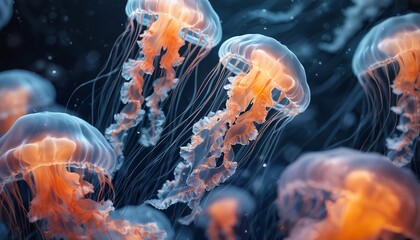 a mesmerizing underwater scene featuring a cluster of luminous orange jellyfish gracefully drifting in the dark depths.