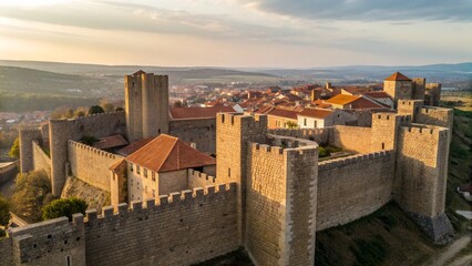 Fototapeta premium Medium Shot of Ancient City Surrounded by Stone Fortress Walls with Towers for Architecture Concept