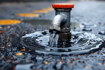 A metal gray water tap featuring a red handle situated on a sidewalk for public accessibility