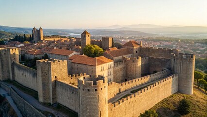 Obraz premium Medium Shot of Ancient City Surrounded by Stone Fortress Walls with Towers for Architecture Concept