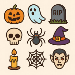 Halloween Cartoon Icons – Vampire, Pumpkin, Tombstone, Coffin, Bat