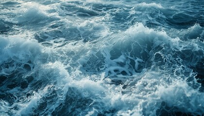 Fototapeta premium a swirling expanse of deep blue ocean water churns with white foam and turbulent waves creating a dynamic and textured seascape.