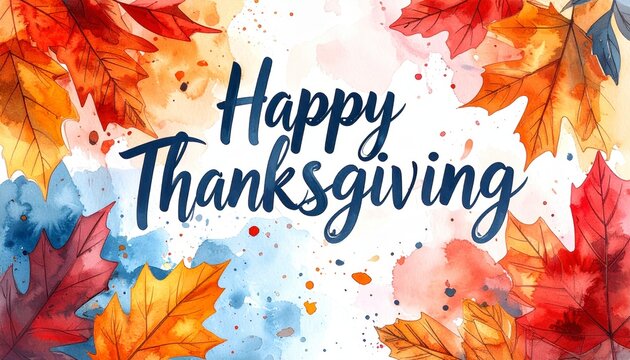 happy thanksgiving brush pen lettering. watercolor splash and linear leaves background. design holiday greeting card and invitation of seasonal american and canadian autumn holiday.