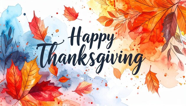 happy thanksgiving brush pen lettering. watercolor splash and linear leaves background. design holiday greeting card and invitation of seasonal american and canadian autumn holiday.
