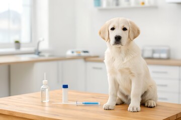 Adorable Light Yellow Labrador Puppy Sitting On Wooden Table With Vaccination Supplies In Light Filled Room