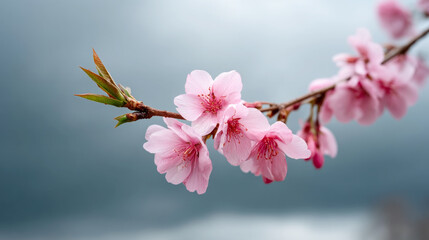 Obraz premium Serene spring bloom with pink sakura branch against sky