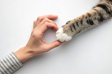 Close Up of Human Hand Touching Tabby Cat Paw on Clean White Background Top View Studio Shot