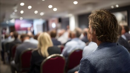 Fototapeta premium Audience members attentively watching a presentation or seminar in a blurred conference hall
