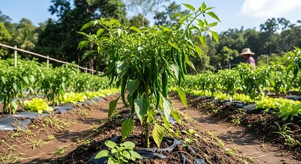 Chili Peppers Growing in a Farm Field.