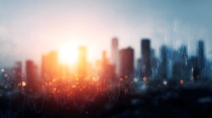 Blurred cityscape skyline with financial graph overlay during sunrise symbolizing business growth and investment opportunities